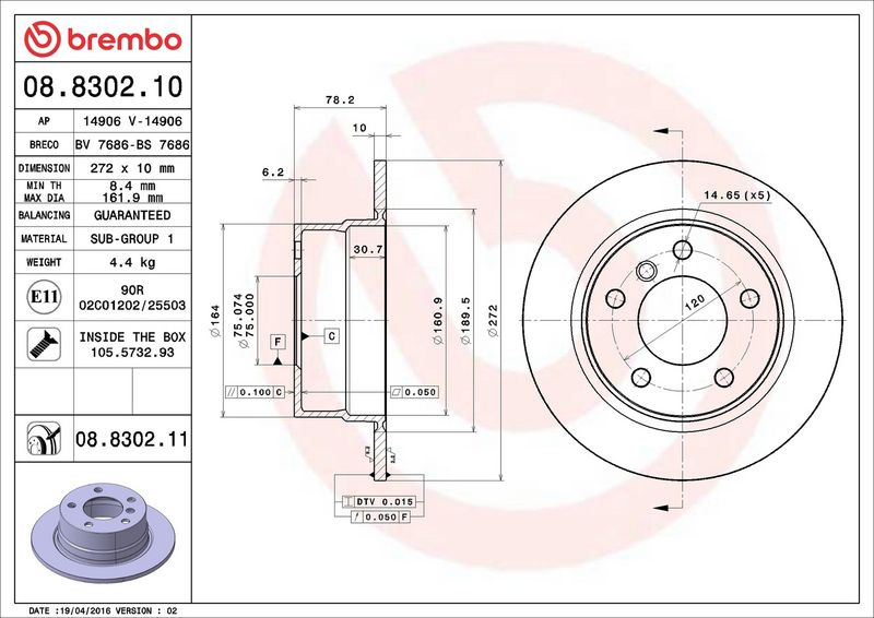 Brzdový kotouč BREMBO 08.8302.10