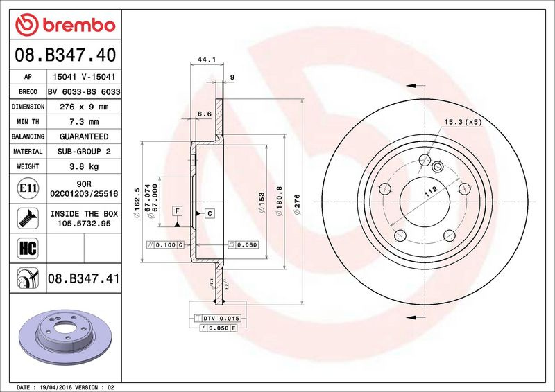 Brzdový kotouč BREMBO 08.B347.41