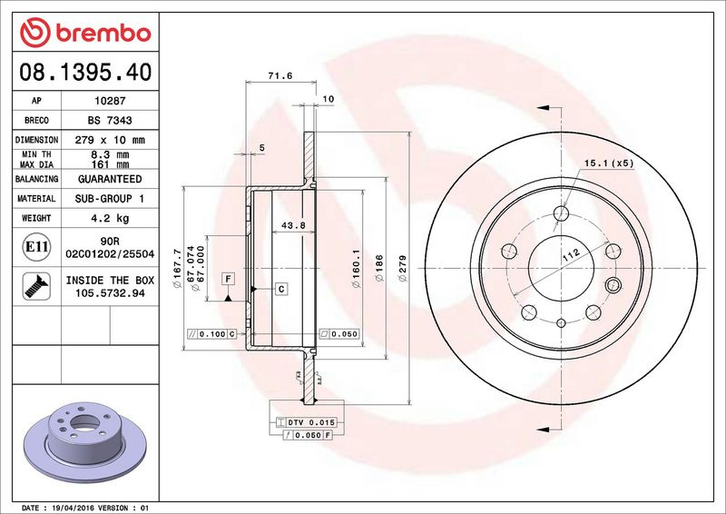 Brzdový kotouč BREMBO 08.1395.40