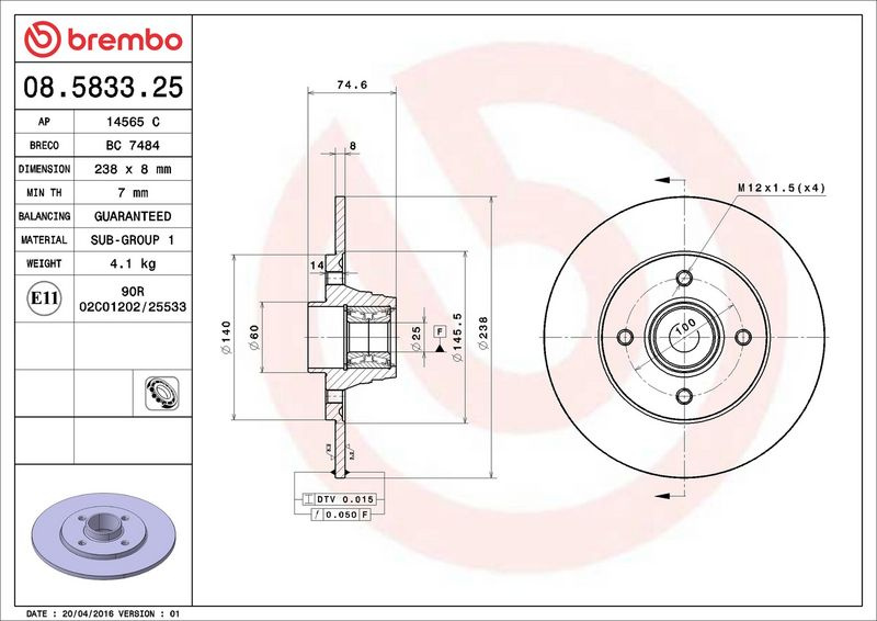 Brzdový kotouč BREMBO 08.5833.25