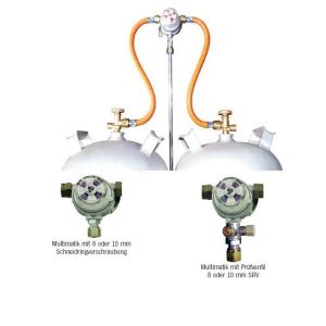 Regulátor plynu Multimatik automatický pro 2 lahve (30 mbar, výstup 8 mm, včetně hadic) 305313
